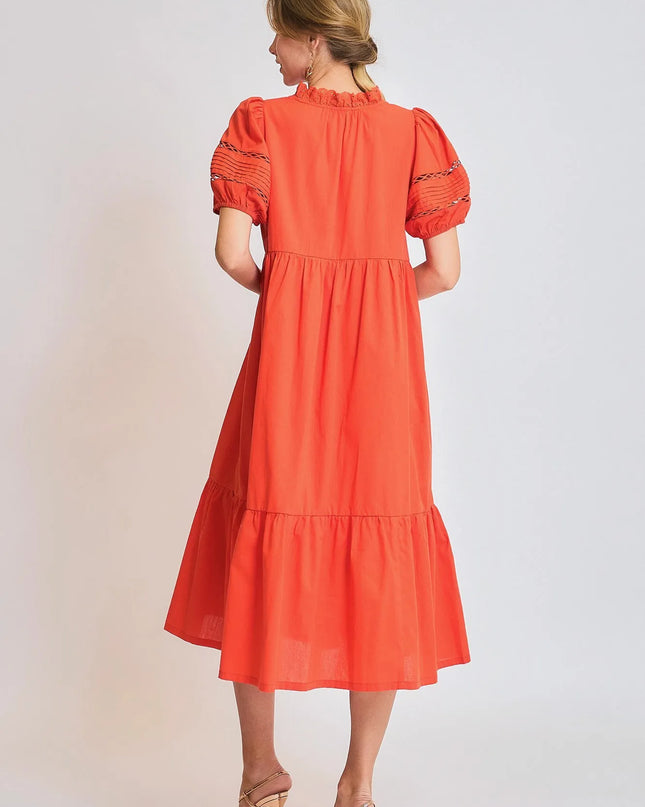 Umgee Short Sleeve Lace-Trim Ruffled Midi Dress