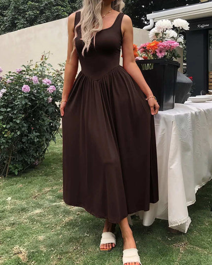 Sleeveless Midi Dress with Gathered Waist Coffee Color
