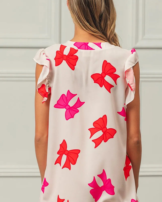 BiBi Bow Printed Woven Ruffled Sleeves V Neck Top