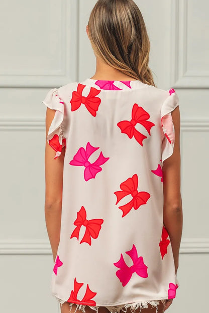 BiBi Bow Printed Woven Ruffled Sleeves V Neck Top