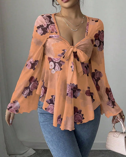 Floral Tie Front Flare Sleeve Blouse