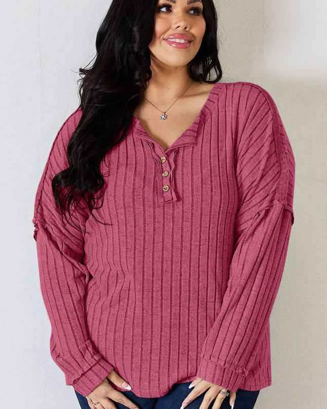 Basic Bae Full Size Ribbed Half Button Long Sleeve T-Shirt