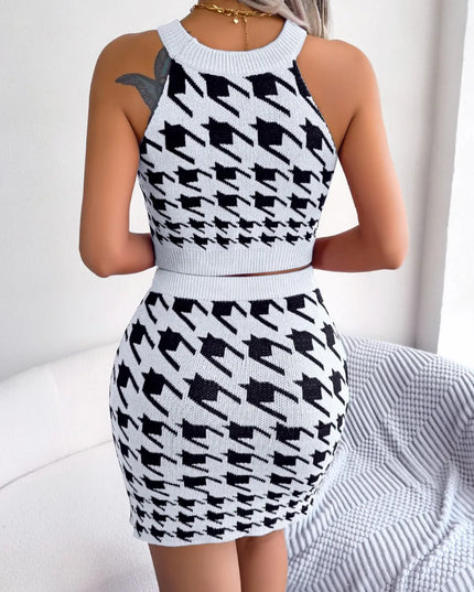 Houndstooth Sleeveless Top and Skirt Sweater Set