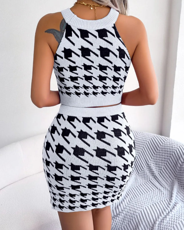 Houndstooth Sleeveless Top and Skirt Sweater Set