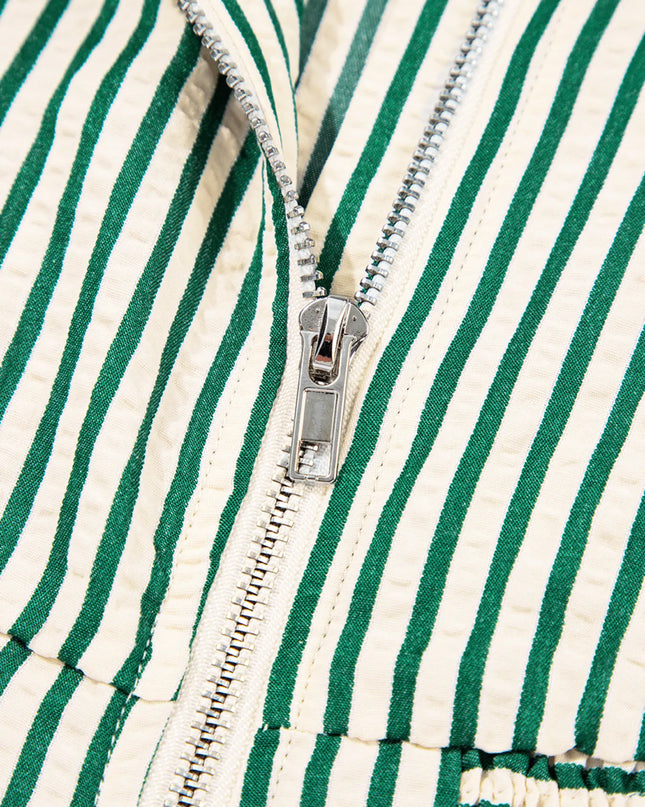 Stripe V Neck Zip Front Cinched High Waist Midi Dress