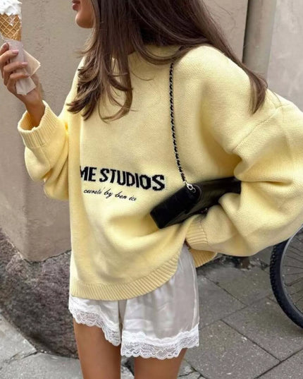 Letter Ribbed Hem Long Sleeve Sweater