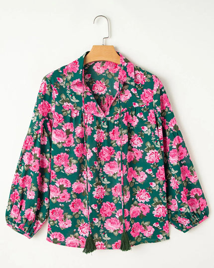 Floral Printed Tied Collar Puff Sleeve Blouse