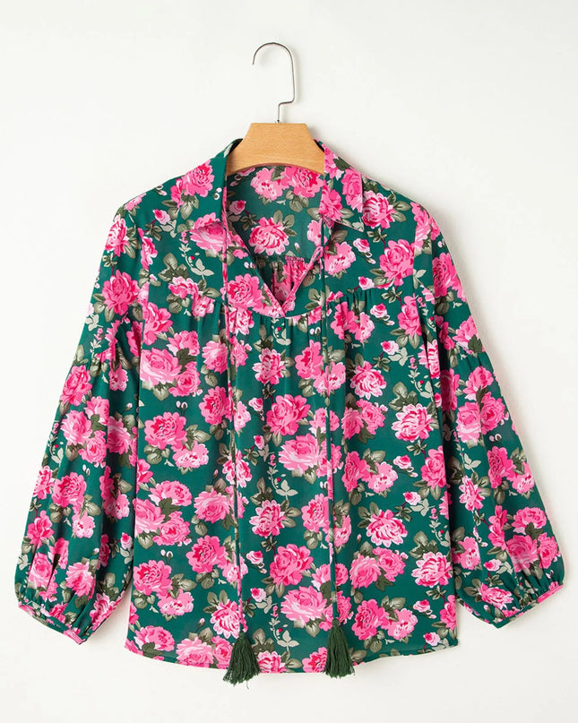Floral Printed Tied Collar Puff Sleeve Blouse