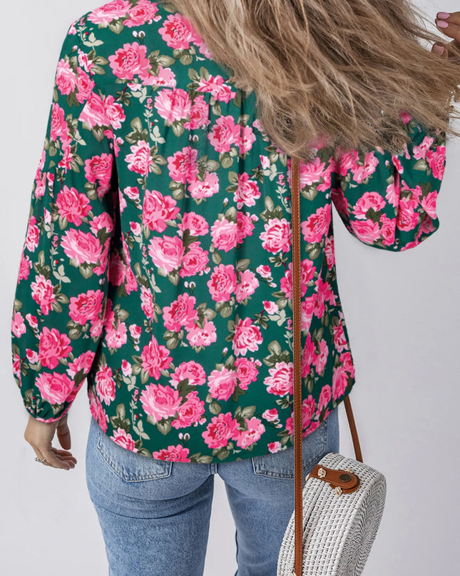 Floral Printed Tied Collar Puff Sleeve Blouse