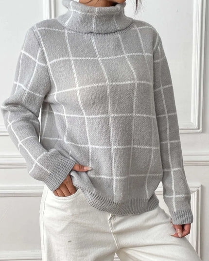 Plaid Turtleneck Long Sleeve Sweater Gray