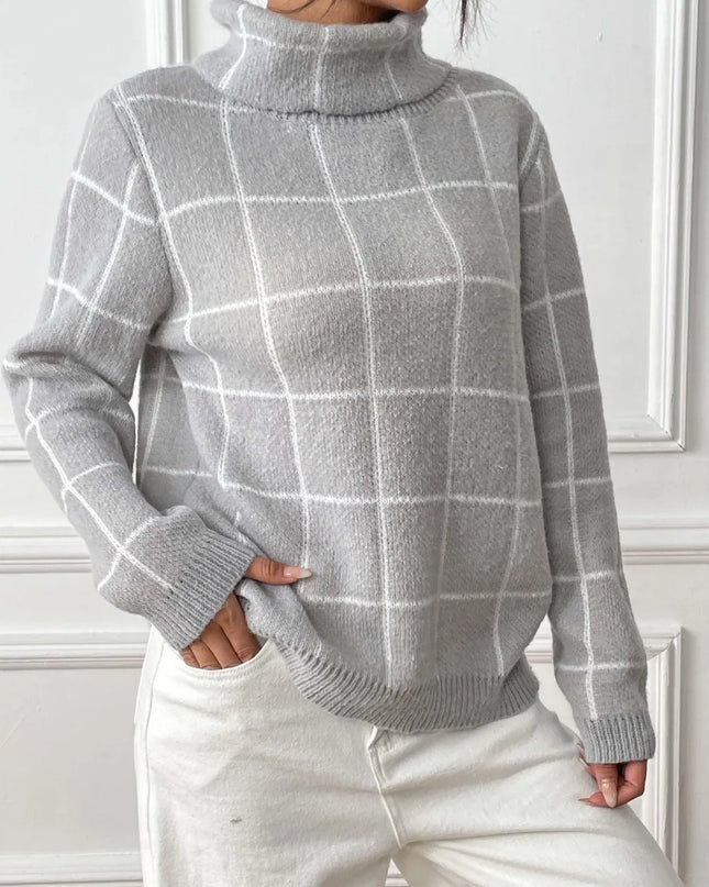 Plaid Turtleneck Long Sleeve Sweater Gray
