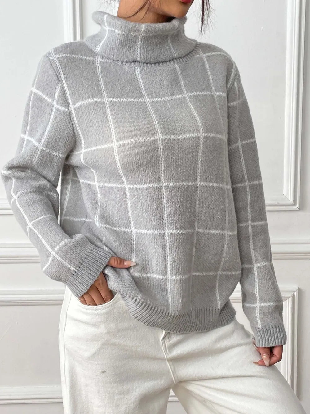 Plaid Turtleneck Long Sleeve Sweater Gray