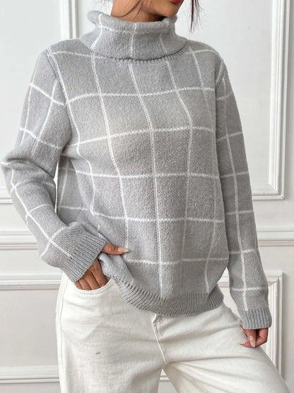 Plaid Turtleneck Long Sleeve Sweater Gray