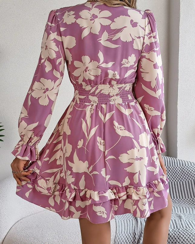 Tied Ruffled Printed Long Sleeve Dress