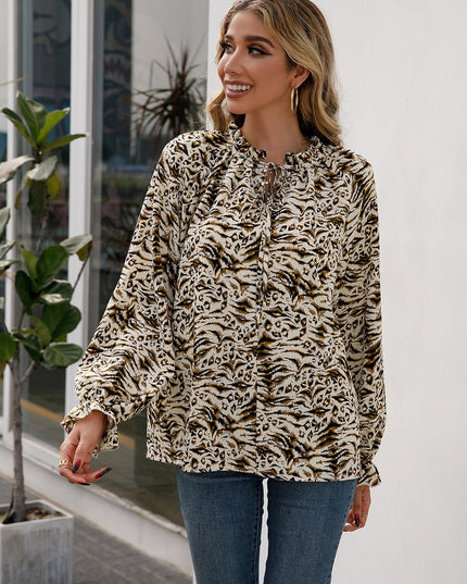Ivy Lane Printed Tie Neck Frill Trim Flounce Sleeve Blouse