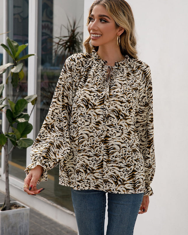 Ivy Lane Printed Tie Neck Frill Trim Flounce Sleeve Blouse