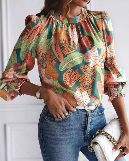 Tropical Print Long Sleeve Blouse