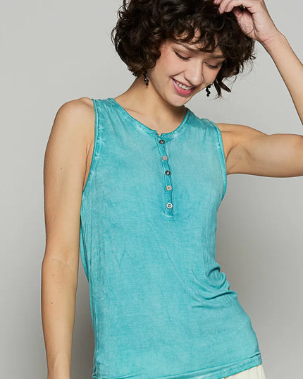 POL Half Button Round Neck Washed Tank 