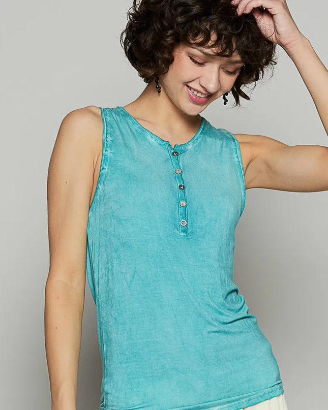 POL Half Button Round Neck Washed Tank 