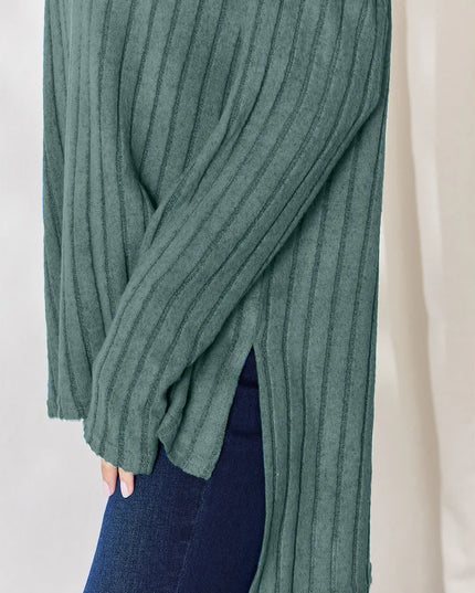 Basic Bae Full Size Ribbed Half Button Long Sleeve High-Low T-Shirt