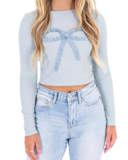 Bow Long Sleeve Fitted T-Shirt