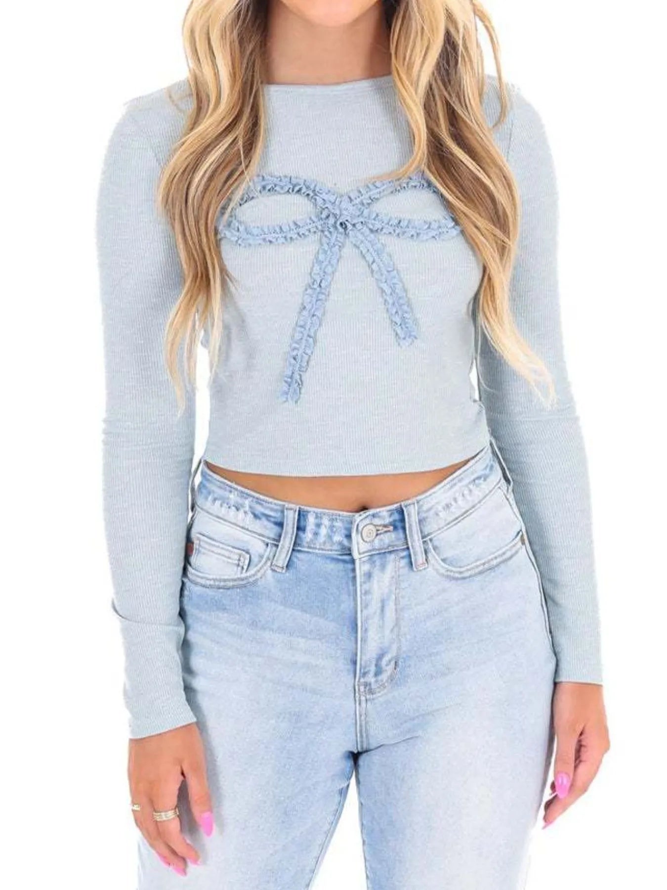 Bow Long Sleeve Fitted T-Shirt