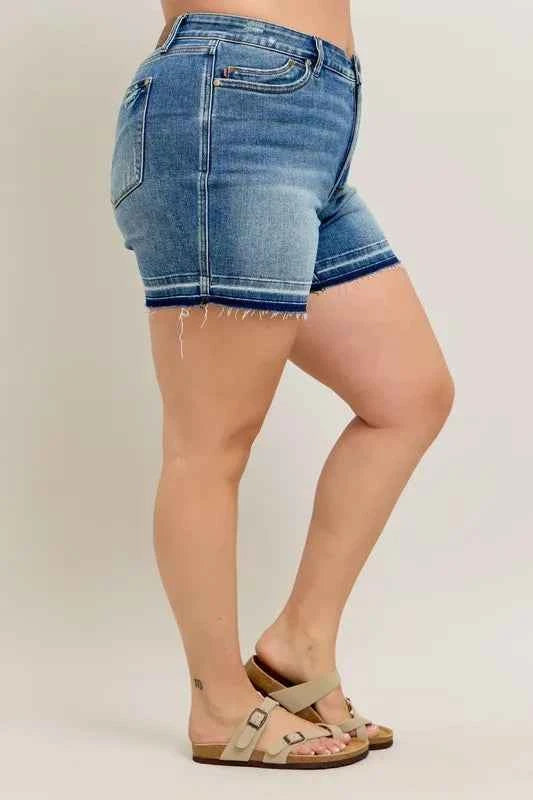 Judy Blue Full Size Mr Tummy Control Vintage Wash Release Hem Shorts Plus Size