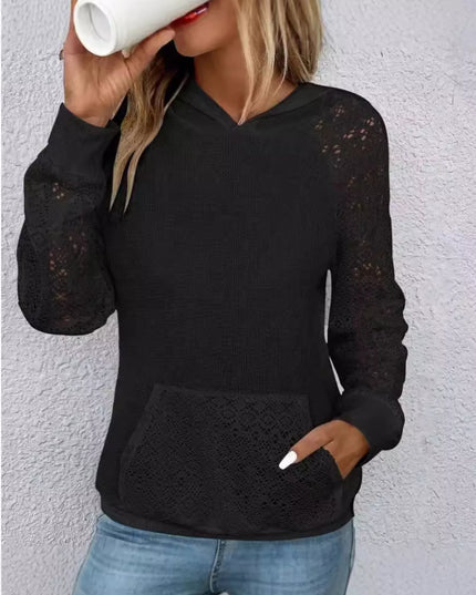 Lace Sleeve Kangaroo Pocket Hoodie Black