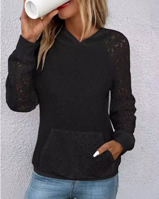 Lace Sleeve Kangaroo Pocket Hoodie Black
