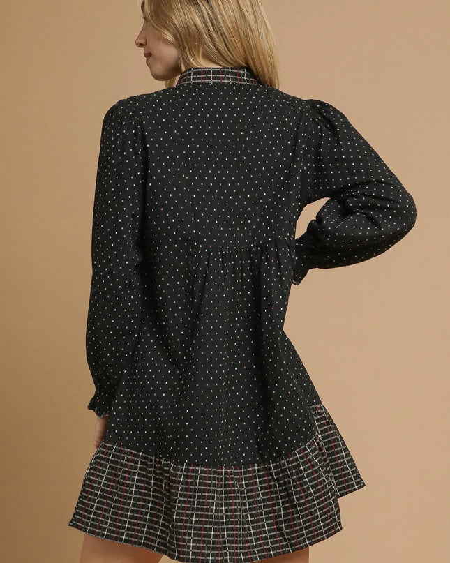 Umgee Polka Dot Plaid Trim Babydoll Dress