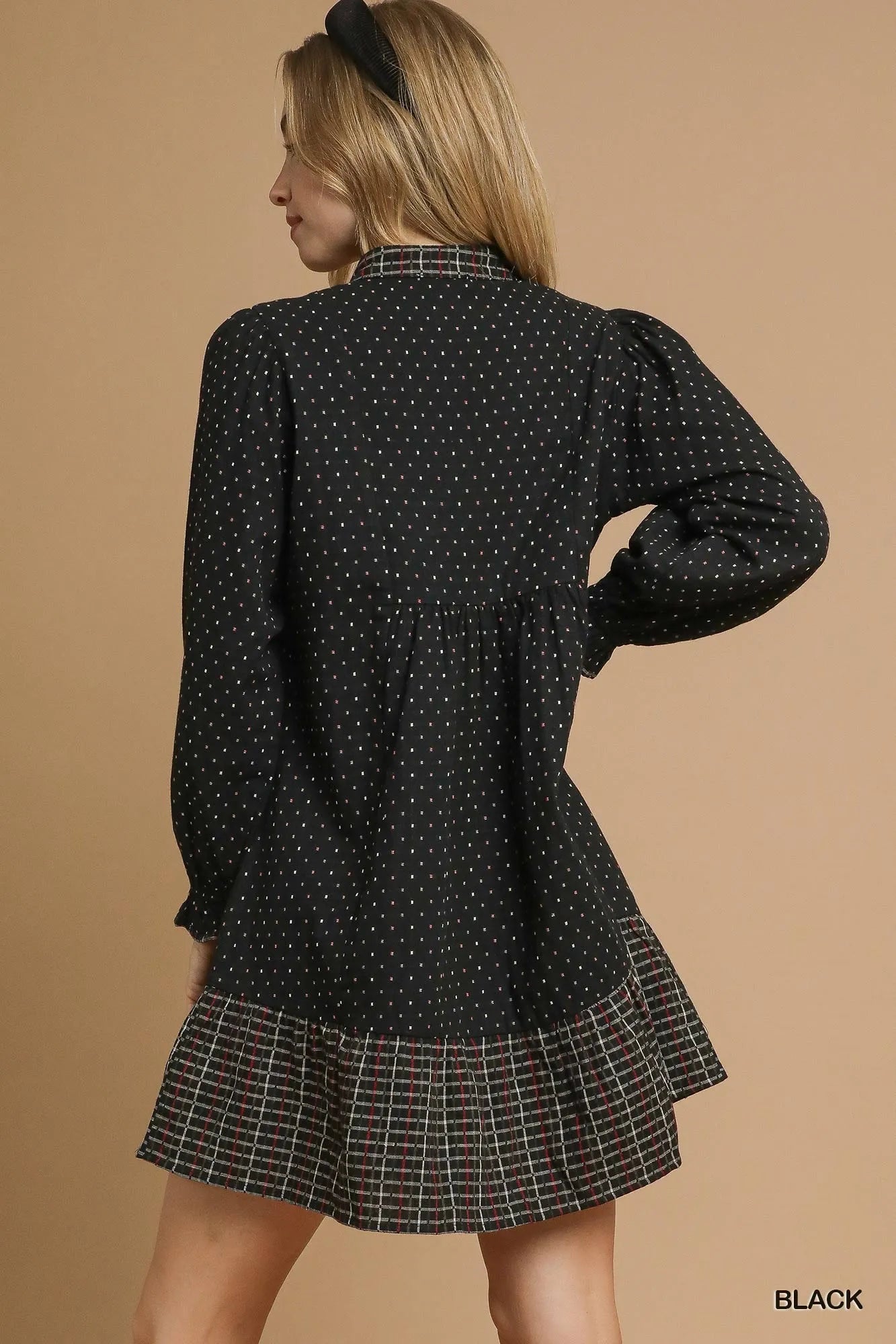 Umgee Polka Dot Plaid Trim Babydoll Dress