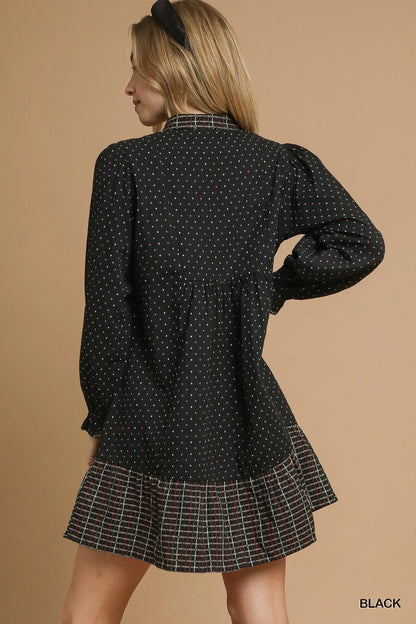 Umgee Polka Dot Plaid Trim Babydoll Dress