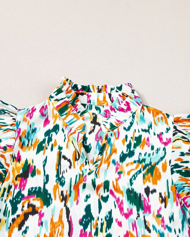 Abstract Print Ruffle Sleeve Blouse