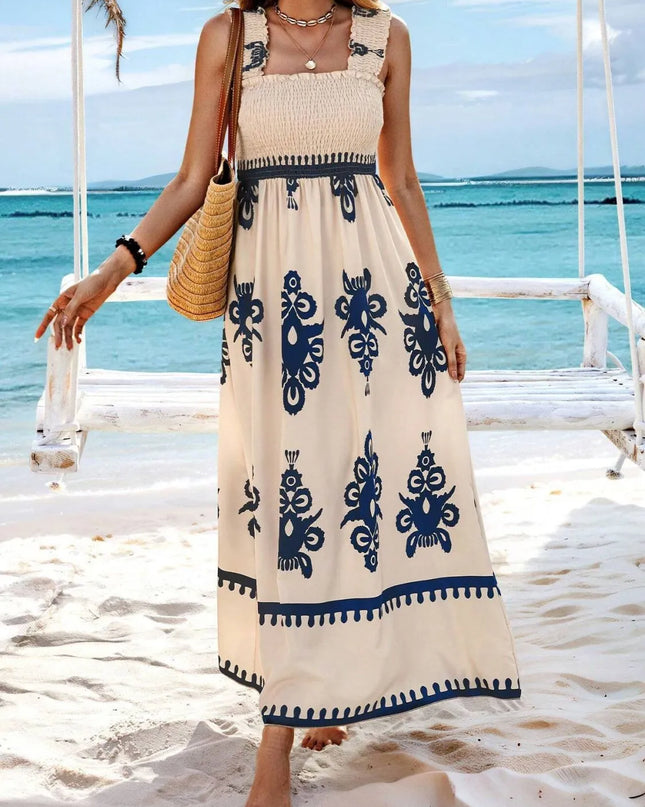 Smocked Printed Wide Strap Maxi Dress 