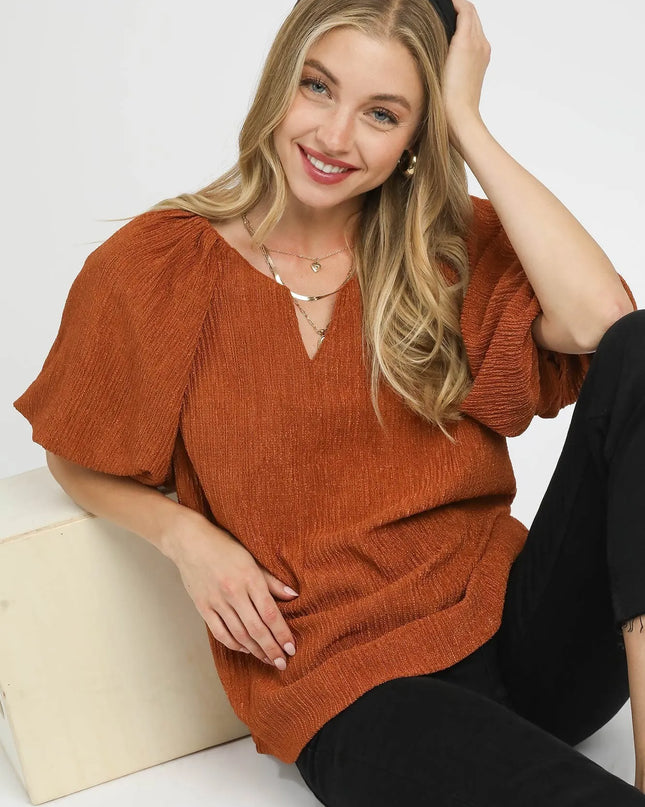 Umgee Textured Flutter Sleeve Notch Neck Top