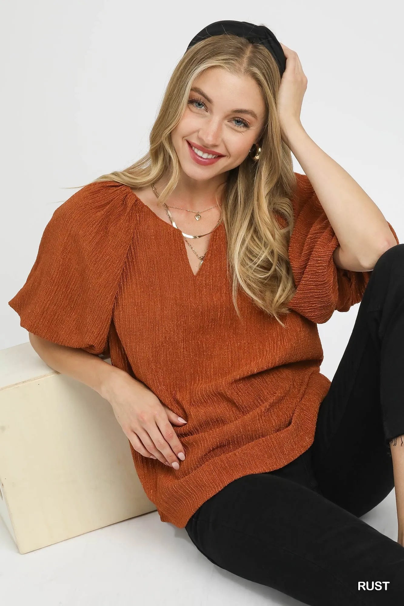 Umgee Textured Flutter Sleeve Notch Neck Top