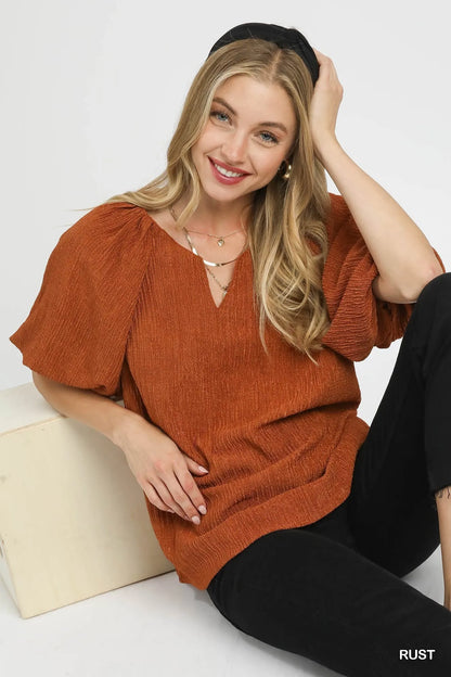 Umgee Textured Flutter Sleeve Notch Neck Top