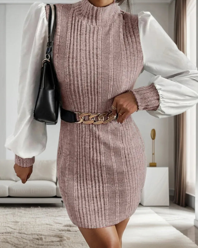 Ribbed Contrast Long Sleeve Sweater Dress Mocha