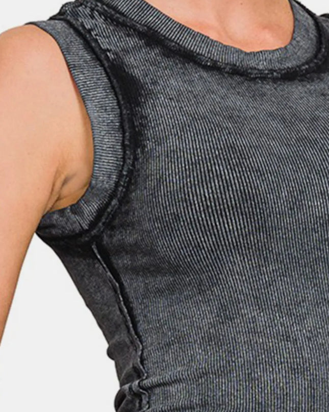 Zenana Washed Ribbed Round Neck Slim Tank