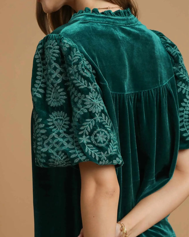 Umgee Velvet Embroidered Sleeve Blouse