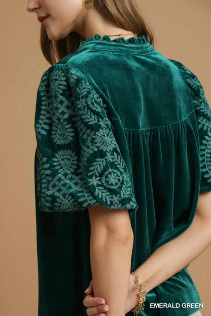 Umgee Velvet Embroidered Sleeve Blouse
