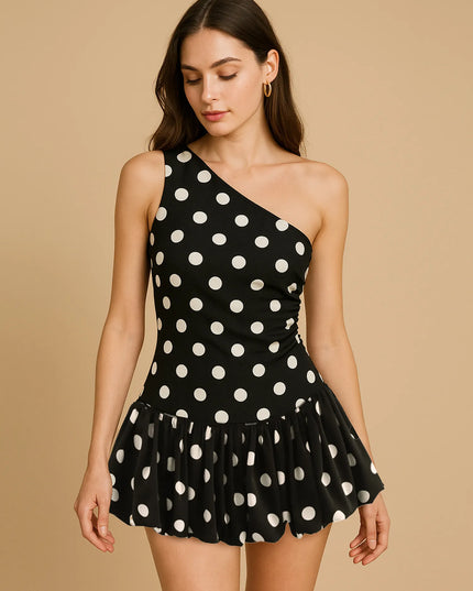 One-Shoulder Polka Dot Mini Dress Black