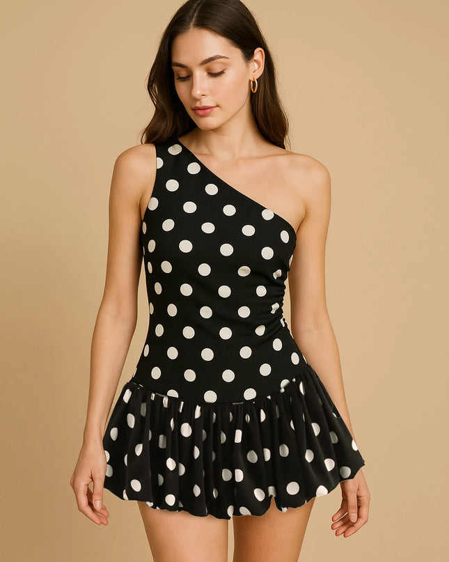 One-Shoulder Polka Dot Mini Dress Black