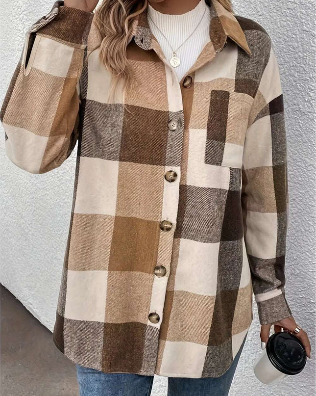 Curved Hem Plaid Collared Neck Shacket