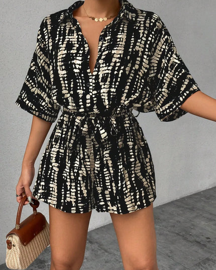 Tie Dye Print Collar Neck Short Sleeve Romper