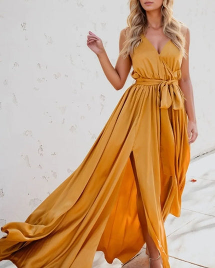 Surplice Tie Waist Maxi Dress Gold