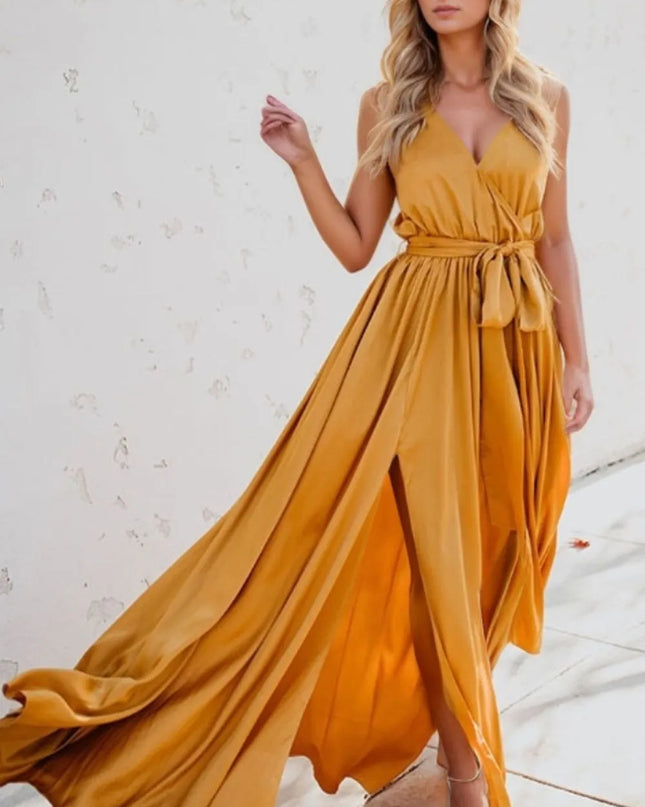 Surplice Tie Waist Maxi Dress Gold