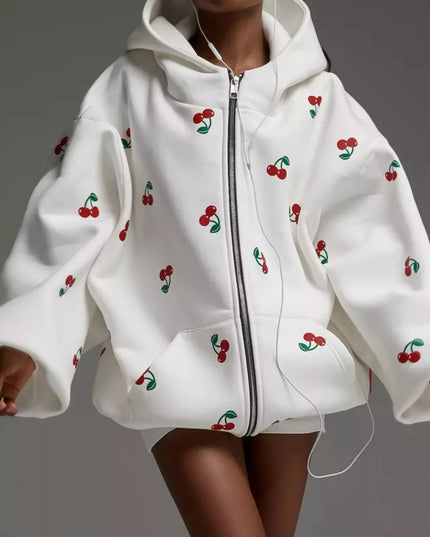 Cherry Print Oversized Zip-Up Hoodie White
