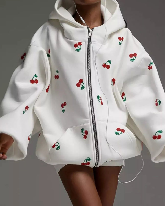 Cherry Print Oversized Zip-Up Hoodie White