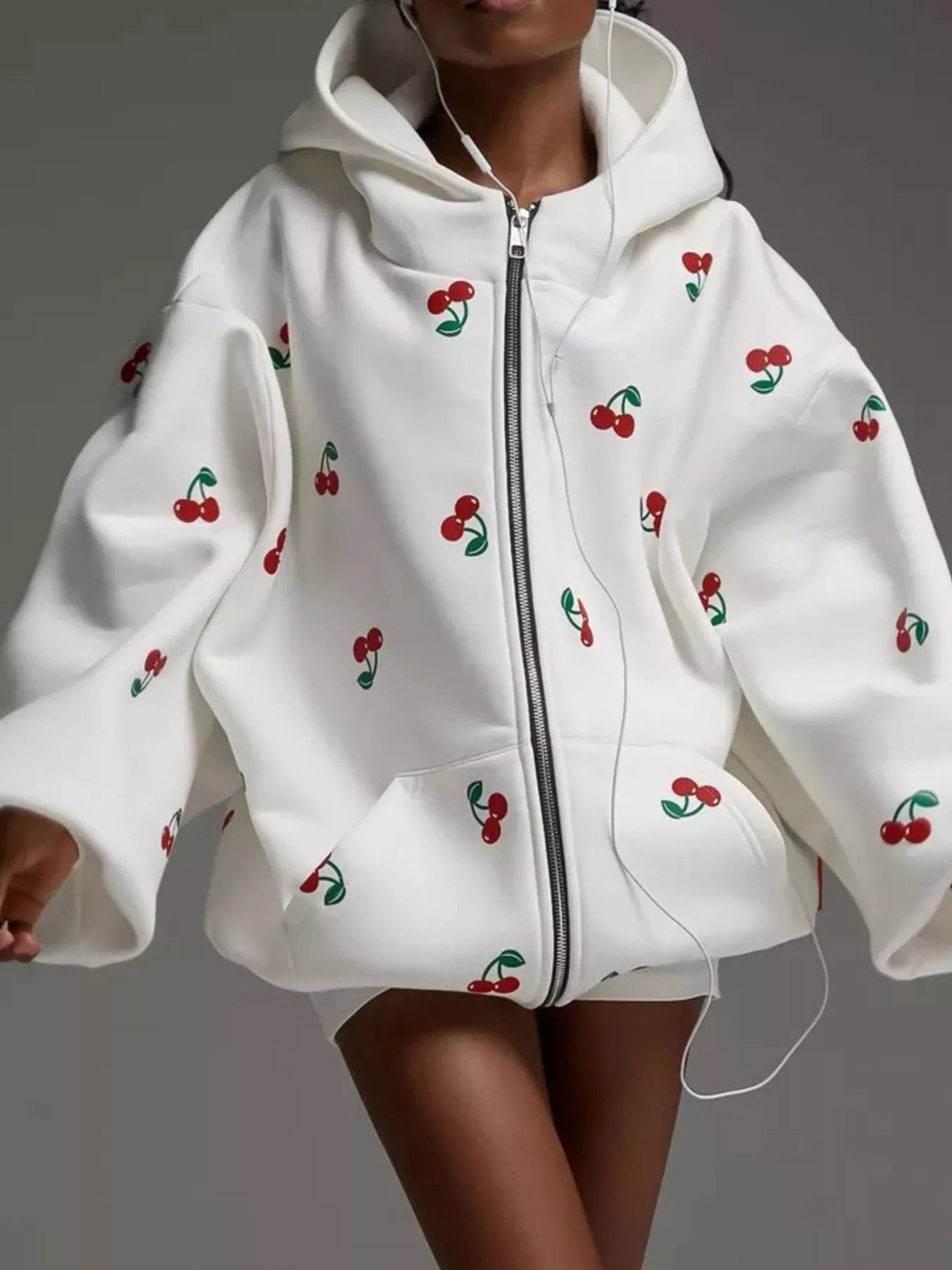 Cherry Print Oversized Zip-Up Hoodie White